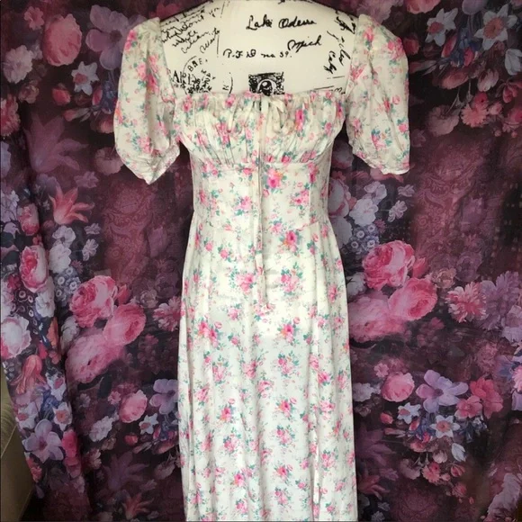 Floral dress puff sleeve summer flower slit long - Picture 7 of 11